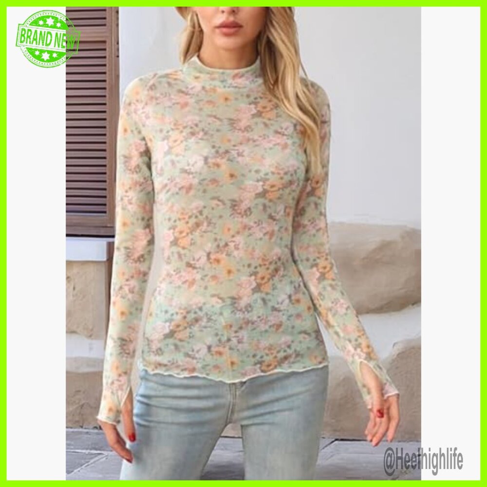Floral Lace Mesh Long Sleeve Top, Slim Fit Sheer Mock Neck Shirt - Picture 4 of 6